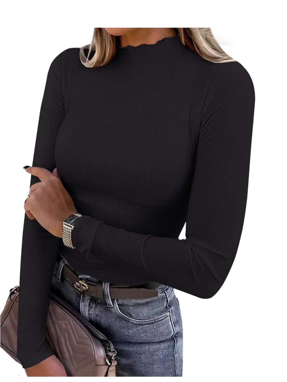 Women's Long Sleeve Ribbed Knit Mock Neck Top - Slim Fit Tee